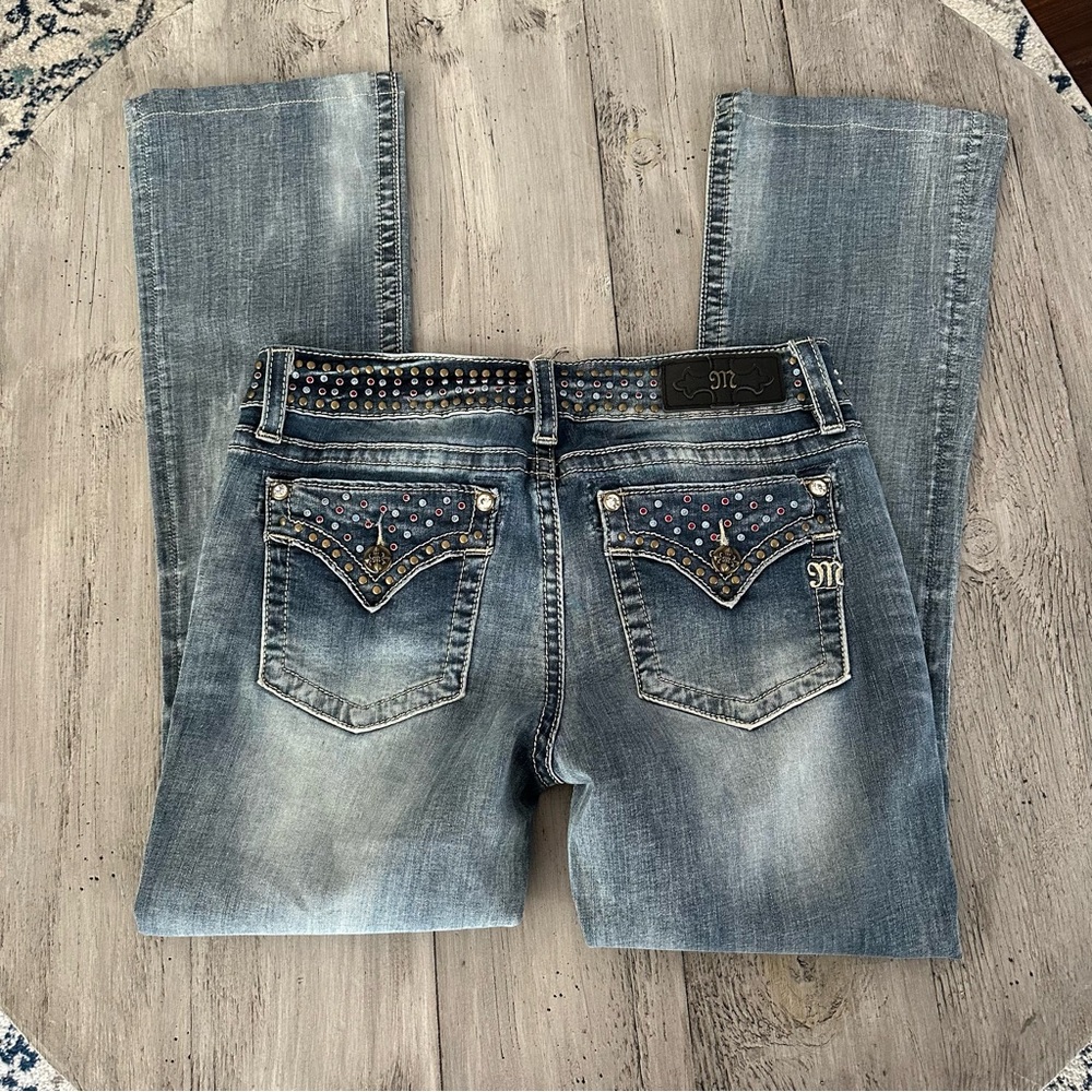 Miss Me Blue Boot Cut Jeans with Distressed Look - Picture 2 of 3
